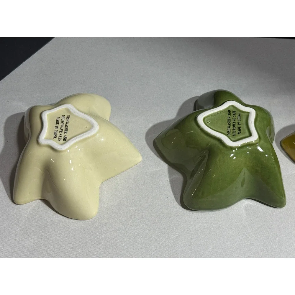 Set of 3 Ceramic Ivy Leaf Dipping Bowls Yellow Green Cream Autumn Harvest Decor